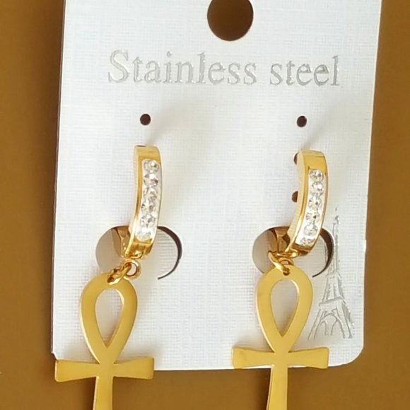 Men & Women Cross Earrings CZ Bling Huggie Hoop Dangle Gold Stainless steel - Picture 2 of 3